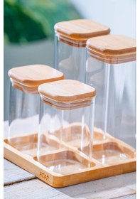 Resim Acar Malibu Bambu Standlı 4 Lü Cam Baharatlık Seti Kahverengi/şeffaf 
