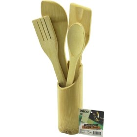 Resim İsmiyle Al 5pcs Ahşap Bambu Mutfak Seti Stand - Kaşık - Çatal - 2 Spatula Fileli 
