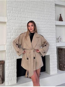 Resim timagna Kadın Bej Trençkot Cepli Kuşaklı Rüzgar Kapaklı Yeni Sezon Dış Giyim 