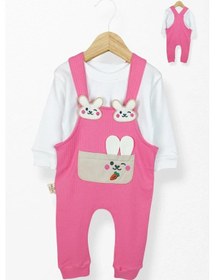 Resim Kidskingdom Pembe Kız Çocuk Raporlu İnterlok Kumaş Pamuklu 2 Parça Badili Kız Bebek Çocuk Tulum Pembe 