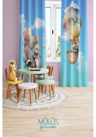 Resim Tavşan Ve Farecik Desenli Fon Perde Çocuk Ve Bebek Odası Süet Baskılı Ekstrafor Büzgü 2 Kanat Prd-67 Çok Renkli 