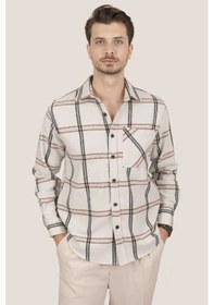 Resim Kemik Beyaz Çizgili Oversize Oduncu Erkek Gömlek + Kutulu Beyaz 