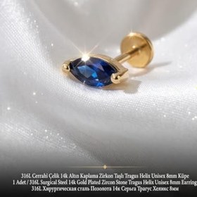 Resim 316L Cerrahi Çelik Altın Kaplama Tragus Helix Küpe Piercing Kararmaz Alerji Yapmaz Zirkon Taşlı Küpe Bar 8 mm Unisex Tekli Küpe Kadın Erkek Uyumlu Cartilage Kıkırdak Piercing 