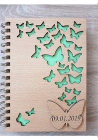 Resim Ahşap Kapaklı.İsme Özel.Kelebek Desenli Ajanda Ve Defter Ajanda-Beyaz Çizgili 