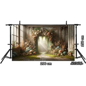 Resim Venspor Vintage Kapı ve Çiçek Aranjmanları ile Rustik Arkaplan 200x150cm Fon Duvar Örtüsü 