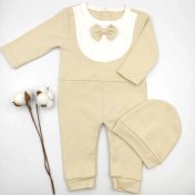 Resim Bebek Star Şapkalı Papyonlu Bej Uzun Kollu %100 Cotton Bebek Tulumu 