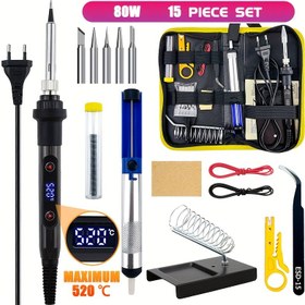 Resim 80W Demir Seti, 15-1 Ayarlanabilir Sıcaklık 180-520°C, 220V Sabit Sıcaklık Hızlı Isınma Akıllı Demir Seti LCD Ekran ile, 5 Demir Uçları, Lehim Pompası, Cımbız, Stand, Alet Seti DIY Tamir Seti 