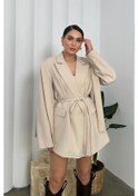 Resim Kadın Oversize Blazer Ceket Kuşaklı Omuz Detaylı Bej 