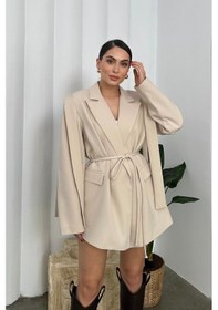 Resim Kadın Oversize Blazer Ceket Kuşaklı Omuz Detaylı Bej 