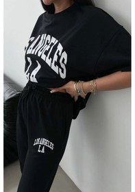 Resim Los Angeles T-shirt Eşofman Altı Jogger- Siyah Baskılı Alt Üst Eşofman Takım Oversize Bisiklet Yaka Siyah-32470 