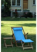 Resim Mavi Ayak Uzatma Tabureli Katlanır Ahşap Şezlong Seti 