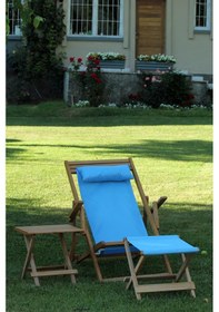 Resim Mavi Ayak Uzatma Tabureli Katlanır Ahşap Şezlong Seti 