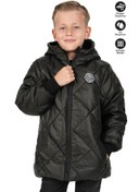 Resim Erkek Çocuk Su Ve Rüzgar Geçirmez İçi Kürklü Kapüşonlu Mont Baklava Desenli Siyah 