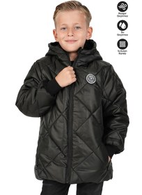 Resim Erkek Çocuk Su Ve Rüzgar Geçirmez İçi Kürklü Kapüşonlu Mont Baklava Desenli Siyah 