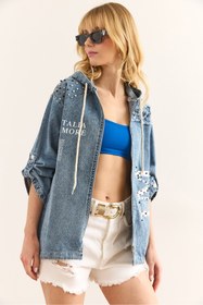 Resim Olalook Kadın Açık Mavi Cepli Kapüşonlu Garnili Oversize Denim Ceket CKT-19000389 