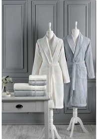 Resim Pamuklu 6 Parça Aile Bornoz Seti-dory Krem Gri Krem - Gri 