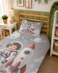 Resim Evmila Karikatüristik Astronot Temalı Nevresim Takımı - 100x150 cm Nevresim ( Bebek Boy Özelleştirilmiş ) + 35x45 cm Yastık Kılıfı 