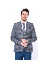 Resim Wessi Ekose Slim Fit Tek Düğme Lacivert Erkek Ceket 001 