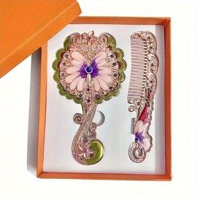 Resim Şık Tavuskuşu Desenli Katlanabilir Makyaj Aynası, Paslanmaz Çelik Tarak & Fırça ile – Çiçek Deseni, Pembe & Yeşil Vurgular, Normal Saç Tipleri İçin Elde Taşınabilir Kozmetik Ayna, Kadınlar İçin Mükemmel Hediye 