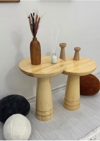 Resim AYLESA Doğal Ahşap 2’li Set Mantar Yan Sehpa Modern Naturel Fiskos Zigon Çiçeklik 