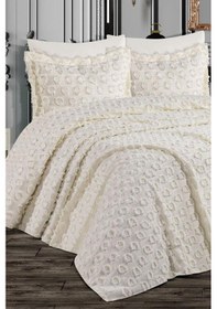 Resim Çeyiz Diyarı Malina Ponpon 3 Parça Çift Kişilik Pike Takımı Krem Krem 