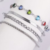 Resim 4'lü Renkli Kalp Şeklinde Cam Paslanmaz Çelik Boncuklu Zincir Ayarlanabilir Kadın Bilezik Seti, Günlük Sokak Modası ve Parti Giyimi için Üç Parçalı Vintage Minimalist Stil Paslanmaz Çelik Bilezik Takı Seti 