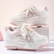 Resim Kızlar için Ayarlanabilir Paten Sneakerları - Beyaz & Pembe Düşük Üst Sokak Ayakkabıları Fiyonk Detaylı, Dayanıklı PU & TPR Tabanlı, Çizgili Tasarım Günlük Eğitim ve Her Mevsim Kullanım İçin, Kaykay Ayakkabıları, Sokak Giyimi Ayakkabısı, Esnek İç Astar 