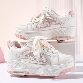 Resim Kızlar için Ayarlanabilir Paten Sneakerları - Beyaz & Pembe Düşük Üst Sokak Ayakkabıları Fiyonk Detaylı, Dayanıklı PU & TPR Tabanlı, Çizgili Tasarım Günlük Eğitim ve Her Mevsim Kullanım İçin, Kaykay Ayakkabıları, Sokak Giyimi Ayakkabısı, Esnek İç Astar 