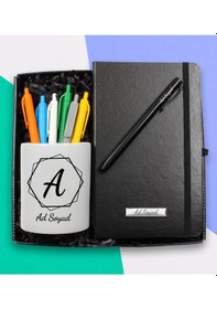 Resim Kişiye Özel Tasarım Porselen Kalemlik & Siyah Defter & Roller Kalem & 6'lı Renkli Kalem Hediye Seti 