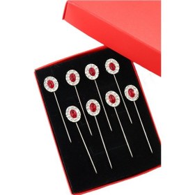 Resim Numetal 8 Li Bordo Yakut Taşlı Eşarp İğnesi. Şal İğnesi. Türban İğnesi. Başörtü İğnesi. Eşarp Ve Şal İğnesi. Gümüş 