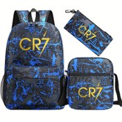 Resim 3 Parça CR7 Baskılı Sırt Çantası Seti, Fermuarlı Günlük Polyester Hafif Öğrenci Çantası, Büyük Kapasiteli, Elde Yıkanabilir, Crossbody Çanta Dahil, Öğrenciler İçin 
