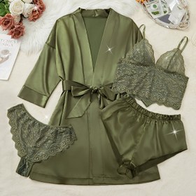 Resim Katı Renk Çiçekli Dantel Şık Pijama Takımı, V Yaka Yarım Şeffaf Halter Üst & Külot & Saten Şortlar & Uzun Kollu Bornoz Kemeri, Kadınların Rahat Pijamaları ve Ev Giyimi 