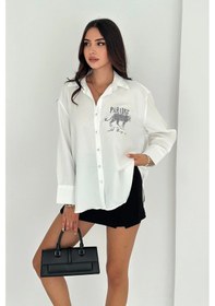 Resim Asprin Fashion Dril Kumaş Paradise Baskılı Taşlı Gömlek Gümüş Gümüş 