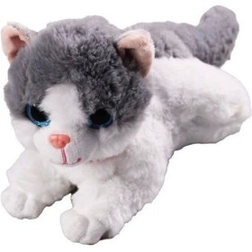 Resim Miyavlayan Sesli Kedi Peluş Oyuncak Uyku Arkadaşı Hediyelik Peluş Yatan Kedi 35 Cm Gri 