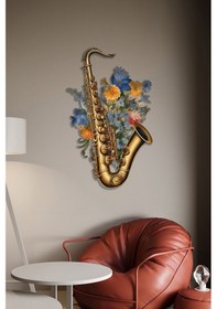 Resim Saksafon Ve Çiçekler Renkli Metal Tablo 