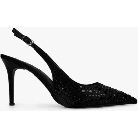 Resim Shoeberry Kadın Siyah Saten Taşlı Stiletto Yüksek İnce Topuklu Suni Deri Ayakkabı 