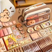 Resim 7 Parça veya 9 Parlak Kapibara Kırtasiye & Aksesuar Hediyesi Seti, Çoklu Kilitli Kalemlik, Şeffaf Organizer, Stickerlar Peluş Oyuncak, İngilizce Defter Ve Tükenmez Tutucu - Sevimli ile Okul Ofis Malzemeleri çocuklarla Öğrenci ürünlerini toplama Paketi Ders Temel Eşyalar Dayanıkly Yapım Saat 