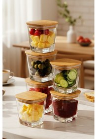 Resim Elite - 6'lı Bambu Kapaklı Vakumlu Cam Kahvaltılık Çok Amaçlı Cam Çerezlik 300 Ml Şeffaf 