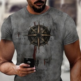 Resim Erkekler için Günlük 3D Pusula Baskılı Tişört - Vintage Kuzey Amerika Kaşifi Tasarımı, Kısa Kollu Yazlık Dış Mekan Spor Giyimi, Polyester Karışımı, Yuvarlak Yaka, Makinede Yıkanabilir 