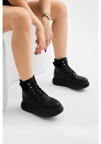 Resim Kalın Poli Taban Lastik Boğazlı Bağcıklı Kadın Siyah Cilt Günlük Bot Tbrds005 Siyah Cilt 