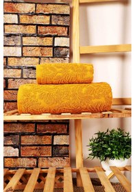 Resim Mira Home 2 Parça Jakarlı Banyo Havlu Takımı Doku Desen Sarı Renkli 