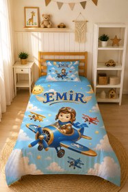 Resim Evmila Karikatüristik Pilot Çocuk Temalı Nevresim Takımı - 100x150 cm Nevresim ( Bebek Boy Özelleştirilmiş ) + 35x45 cm Yastık Kılıfı 