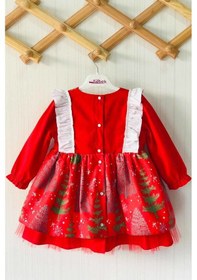 Resim Yeniyıl Çam Ağaç Desenli Kırmızı Kız Çocuk Bebek Noel Elbise 001 