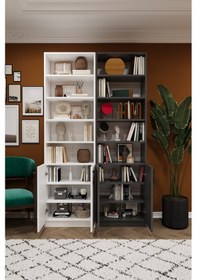 Resim Asra Trend %100 MDFLAM Beyaz & Koyu Gri Kapaklı Kitaplık K-47 