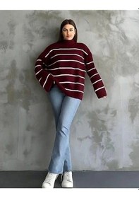 Resim Çizgili İspanyol Kol Triko Boğazlı Kahve Beyaz Elf Kahve 