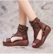 Resim Kahverengi Yüksek Top Yükseltilmiş Kama Topuk Sandalet Kadın Yaz Rahat Moda Ağız Sandalet Kahverengi 