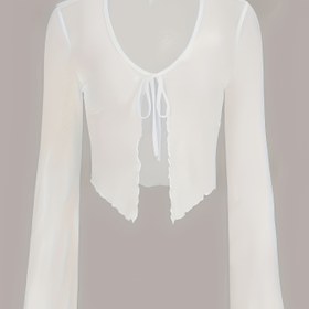 Resim Kadınlar için Bale İlhamlı Şeffaf Mesh Crop Top, Bağcıklı Detaylı - Kolsuz, Volanlı Etek, Beyaz, Dans ve Rahat Kıyafetler İçin Mükemmel, Çok Yönlü Moda Parçası | Bale İlhamlı Tasarım | Mesh Kumaş 