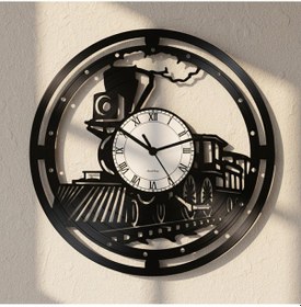 Resim Retro Tren Temalı Plak Duvar Saati Siyah 