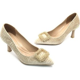 Resim Feles Kadife Taş Toka Detaylı Stiletto Kadın Topuklu Ayakkabı Ten 