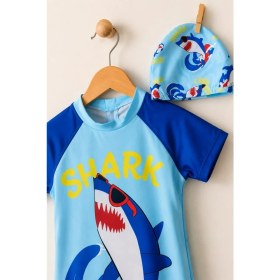 Resim Dinamik çocuk Erkek Çocuk Shark Desenli Dalgıç Kumaş Kısa Kollu Bone+Mayo 2li Takım 2-8 Yaş Deniz & Havuz Seti 